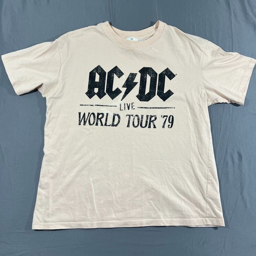 H&M T Shirt Mens Small Beige Cotton Graphic AC/DC Live World Tour '79 Print